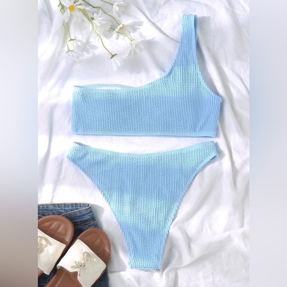 Baby Blue Plain One Shoulder Bikini Swimsuit Size Small - Picture 5 of 9